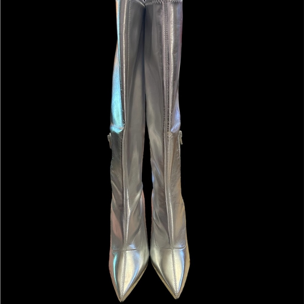 Open Edit Metallic Silver Knee High Boots w/Pointed Toe & Stiletto Heel - Picture 2 of 7